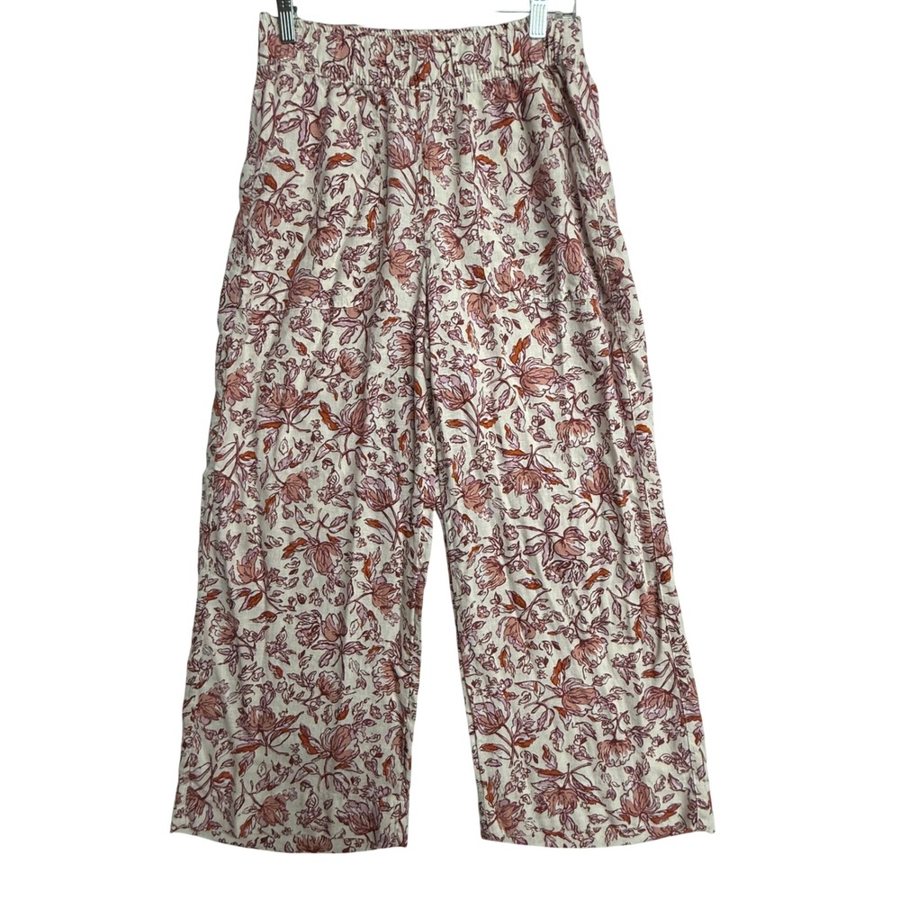 Haute Hippie Floral Linen Blend Wide Leg Crop Pants Small Boho Pockets